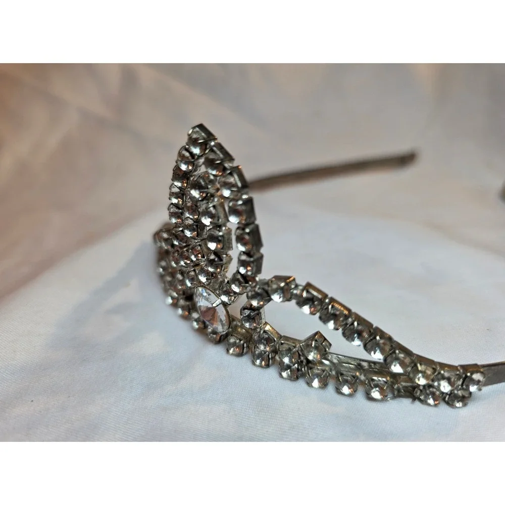 Vintage Silver Rhinestone Tiara Headband Clear Crystal Crown Bridal Prom Costume